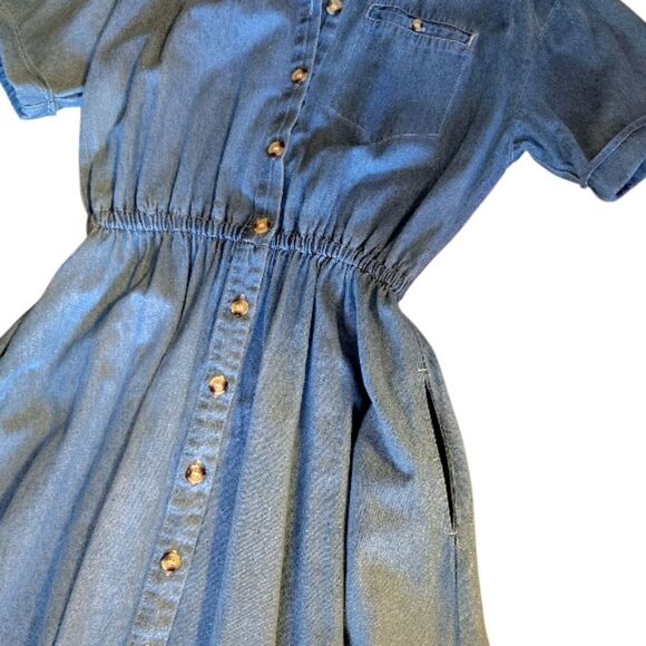 VTG 90s Blue Denim Button Front Short Sleeve Jean Midi Dress SZ Medium - Picture 7 of 13